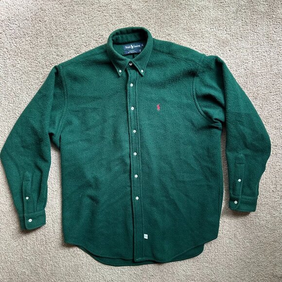 Ralph Lauren Shirt Mens Large Vtg USA 100% Wool Button Down Long Sleeve Green - Picture 1 of 10